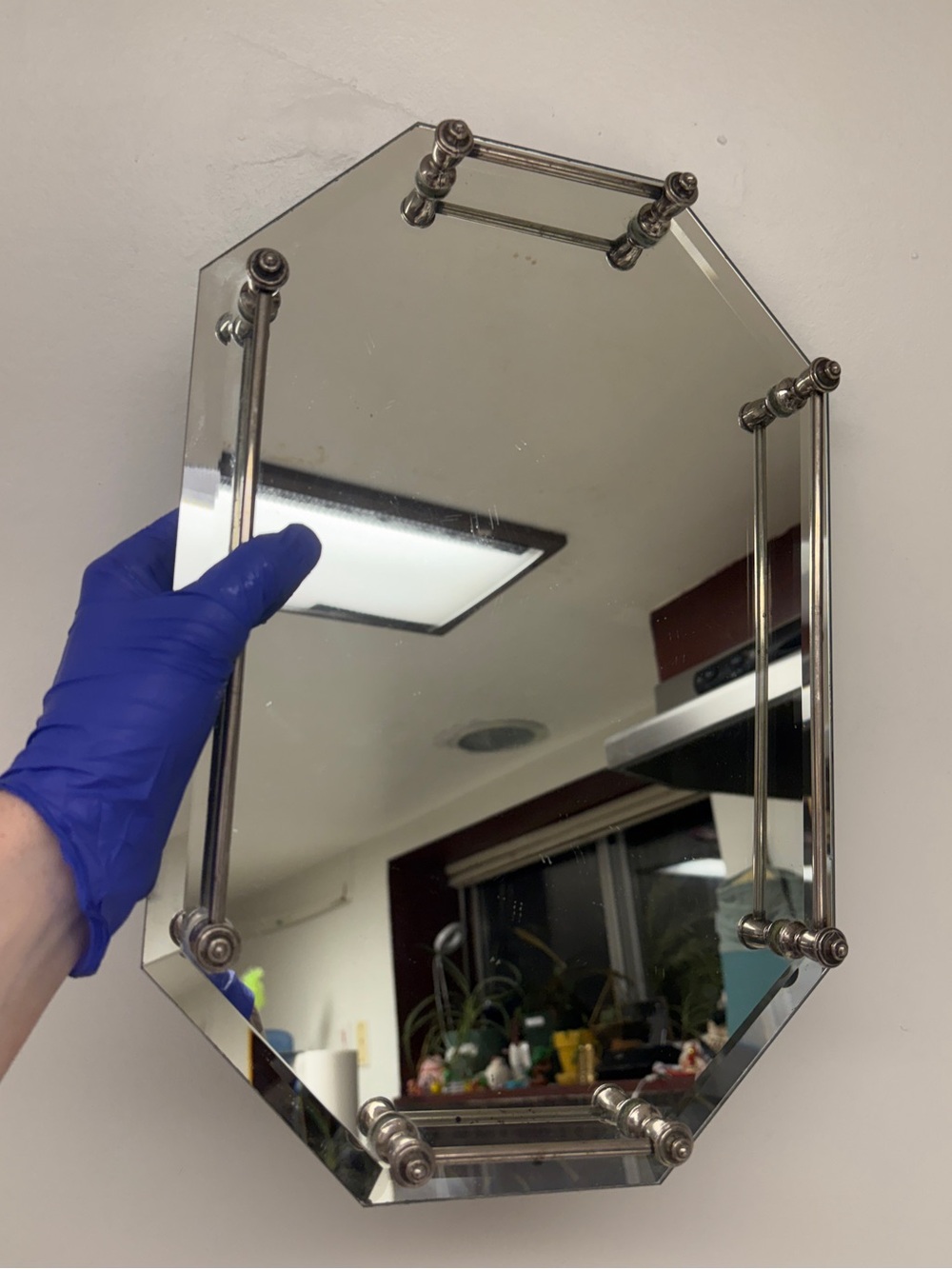 Vintage 1980’s Octagonal Beveled Mirror Vanity Tray Silver Plate Gallery Rails
